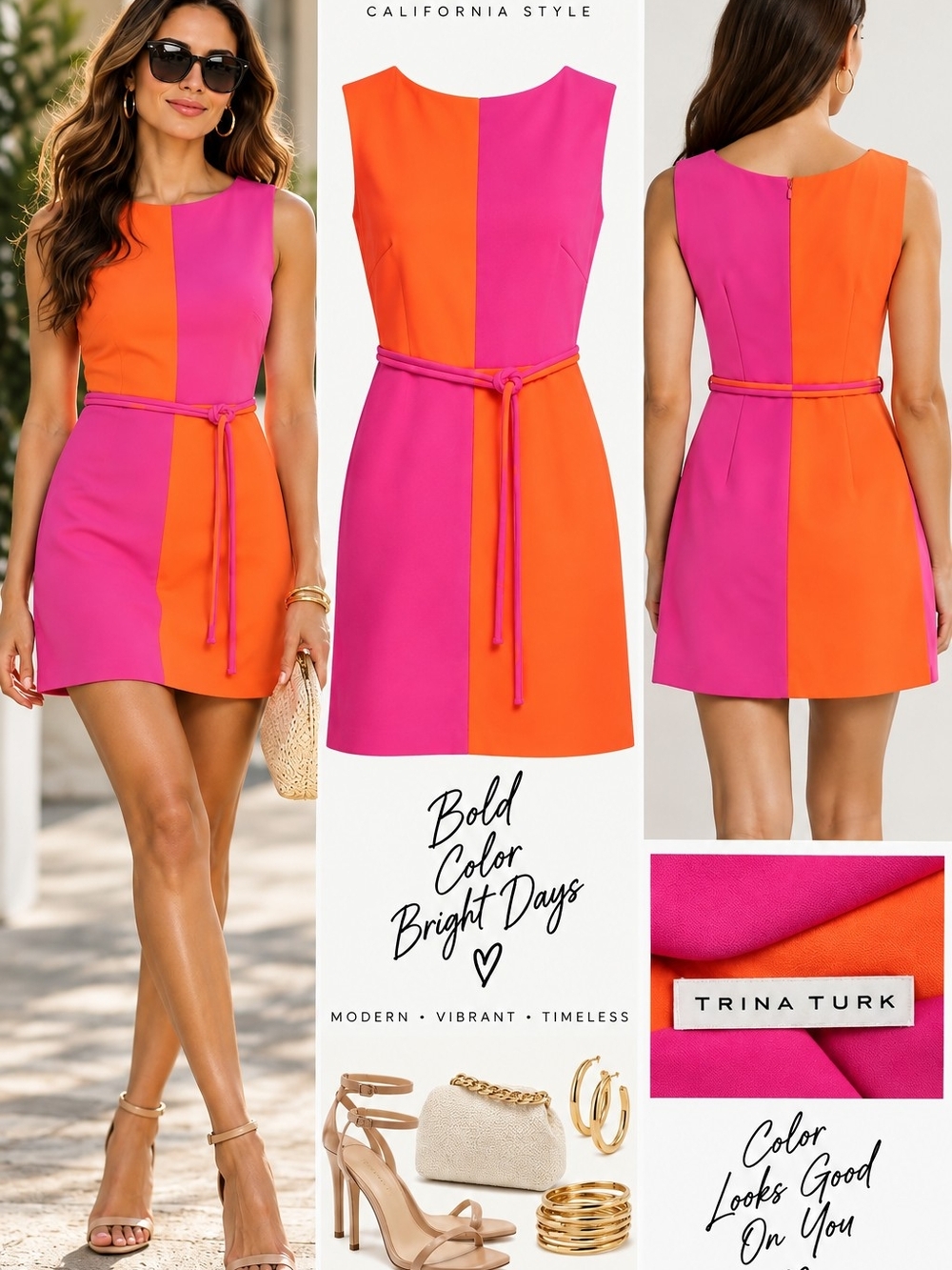 Trina Turk Colorblock Pink & Orange Mini Dress Size 2